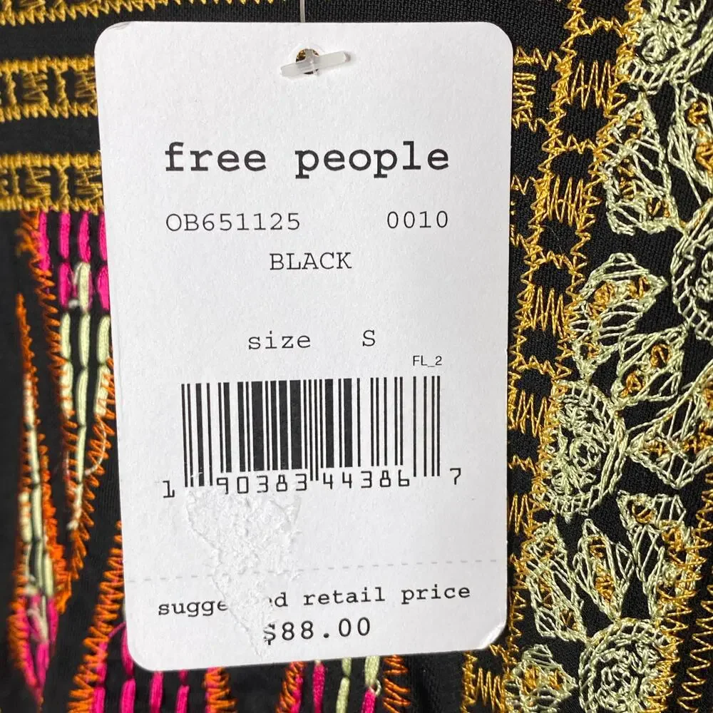 Free People Black Embroidered Ruffle Sleeve Mesh Yoke Top‎ OB651125 Size S NEW